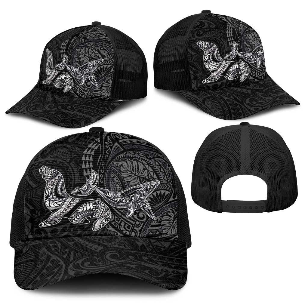 Hawaiian Monk Seal and Whale Baseball Net Cap Kakau Tribal Pattern Grayscale