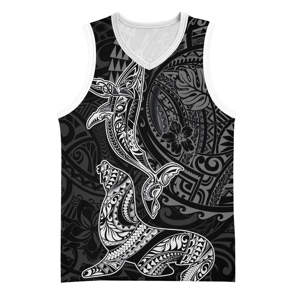 Hawaiian Monk Seal and Whale Basketball Jersey Kakau Tribal Pattern Grayscale