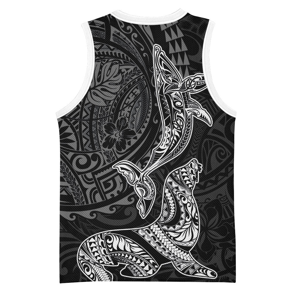 Hawaiian Monk Seal and Whale Basketball Jersey Kakau Tribal Pattern Grayscale