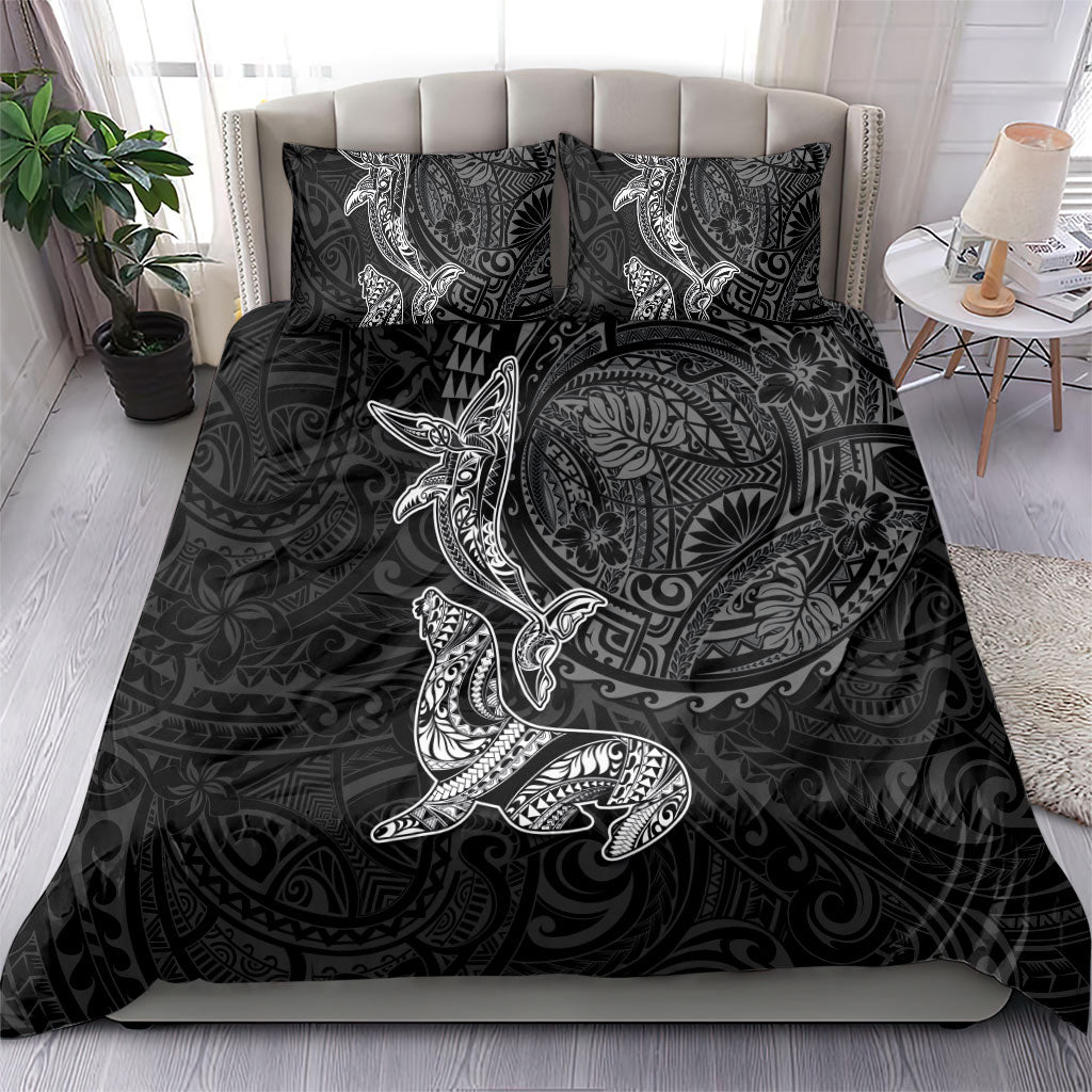 Hawaiian Monk Seal and Whale Bedding Set Kakau Tribal Pattern Grayscale