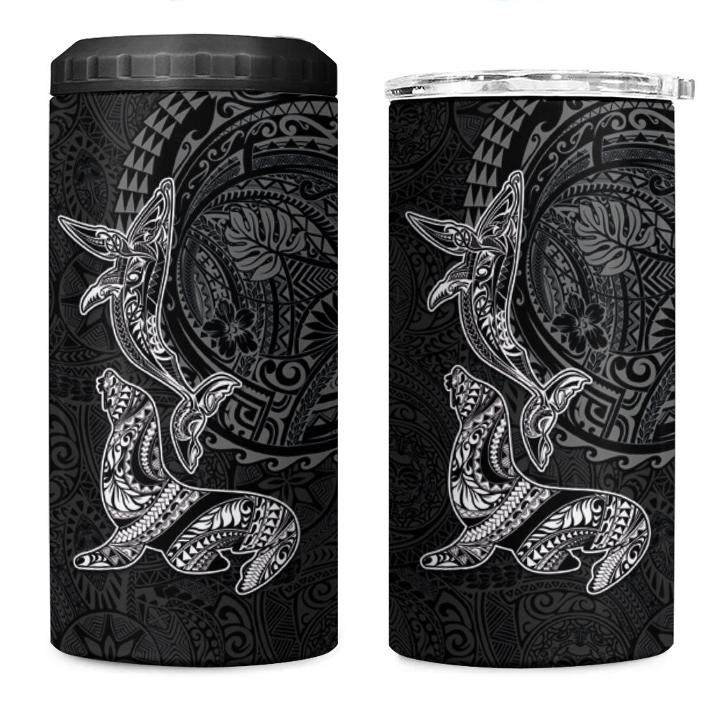 Hawaiian Monk Seal and Whale 4 in 1 Can Cooler Tumbler Kakau Tribal Pattern Grayscale