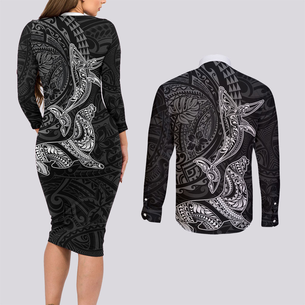 Hawaiian Monk Seal and Whale Couples Matching Long Sleeve Bodycon Dress and Long Sleeve Button Shirt Kakau Tribal Pattern Grayscale LT03 - Polynesian Pride