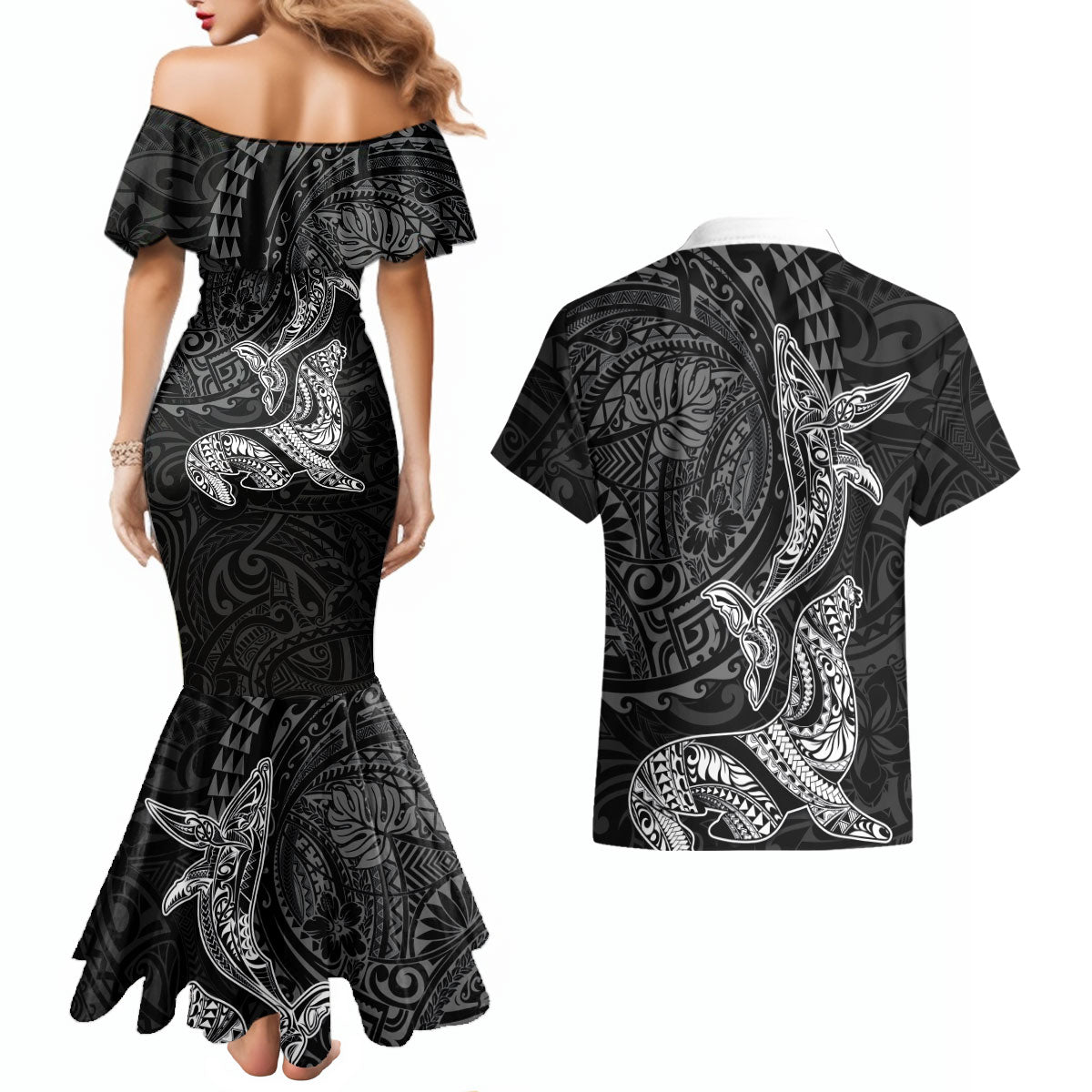 Hawaiian Monk Seal and Whale Couples Matching Mermaid Dress and Hawaiian Shirt Kakau Tribal Pattern Grayscale LT03 - Polynesian Pride