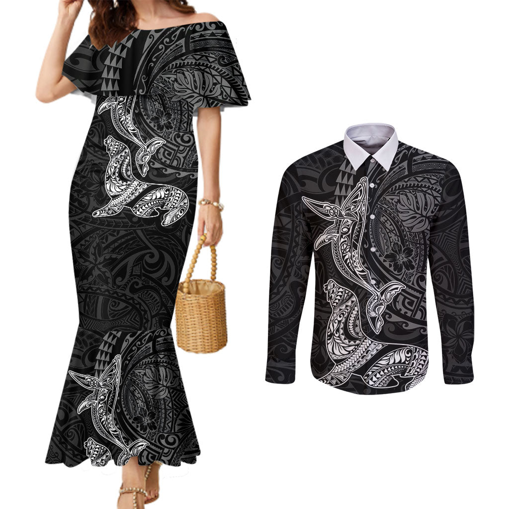 Hawaiian Monk Seal and Whale Couples Matching Mermaid Dress and Long Sleeve Button Shirt Kakau Tribal Pattern Grayscale LT03 Black - Polynesian Pride