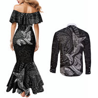 Hawaiian Monk Seal and Whale Couples Matching Mermaid Dress and Long Sleeve Button Shirt Kakau Tribal Pattern Grayscale LT03 - Polynesian Pride