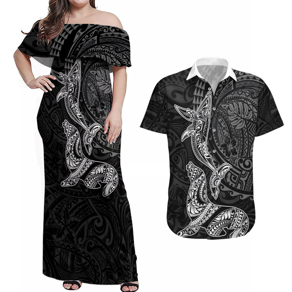 Hawaiian Monk Seal and Whale Couples Matching Off Shoulder Maxi Dress and Hawaiian Shirt Kakau Tribal Pattern Grayscale LT03 Black - Polynesian Pride