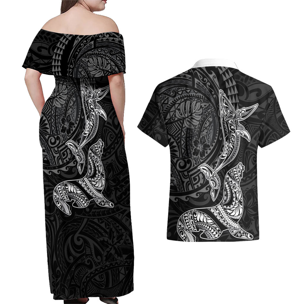 Hawaiian Monk Seal and Whale Couples Matching Off Shoulder Maxi Dress and Hawaiian Shirt Kakau Tribal Pattern Grayscale LT03 - Polynesian Pride