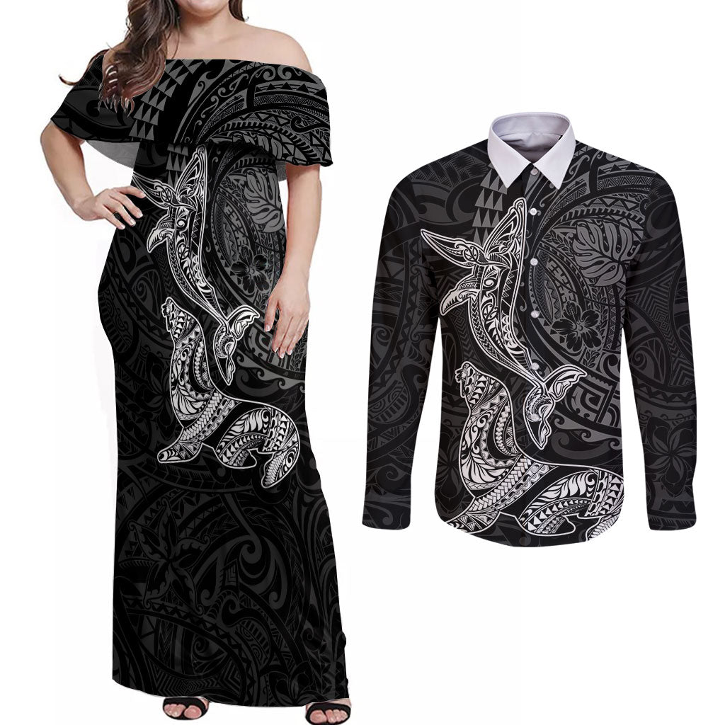 Hawaiian Monk Seal and Whale Couples Matching Off Shoulder Maxi Dress and Long Sleeve Button Shirt Kakau Tribal Pattern Grayscale
