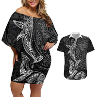Hawaiian Monk Seal and Whale Couples Matching Off Shoulder Short Dress and Hawaiian Shirt Kakau Tribal Pattern Grayscale LT03 Black - Polynesian Pride