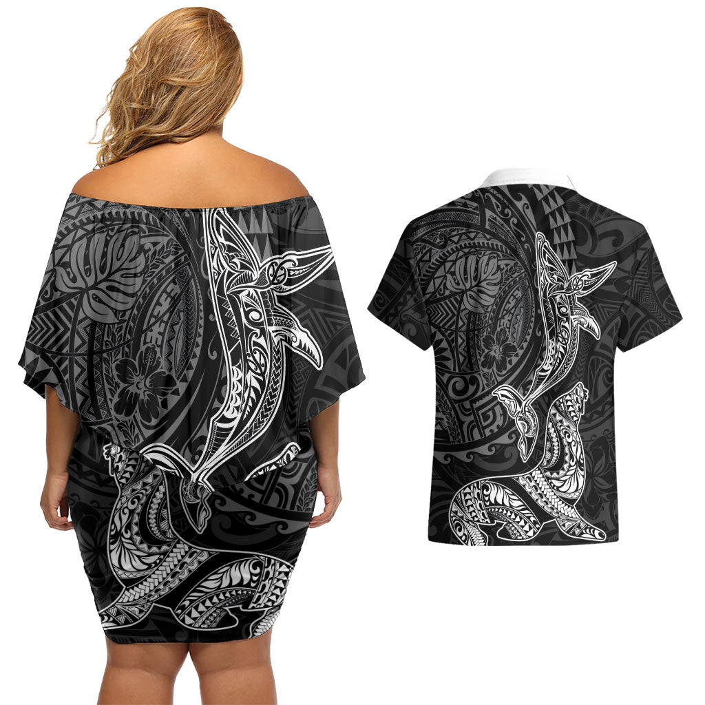 Hawaiian Monk Seal and Whale Couples Matching Off Shoulder Short Dress and Hawaiian Shirt Kakau Tribal Pattern Grayscale LT03 - Polynesian Pride