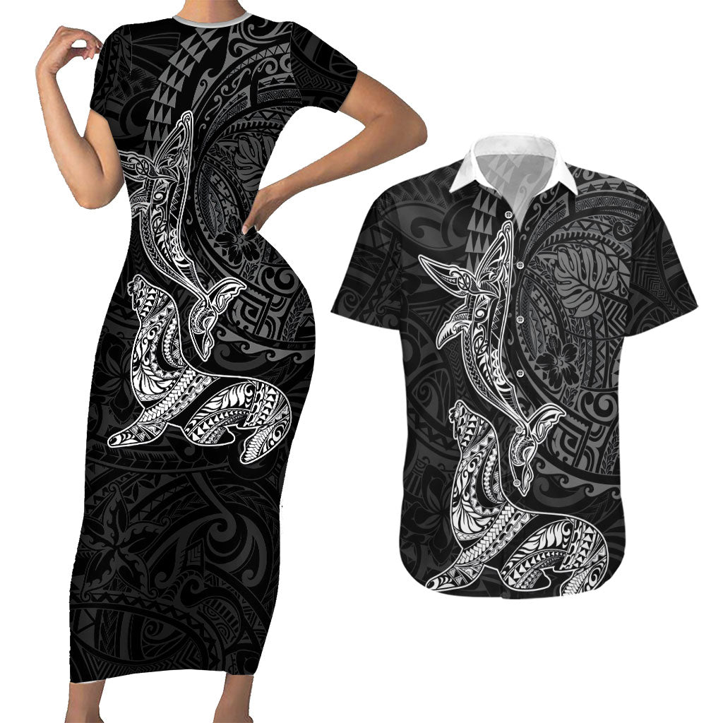 Hawaiian Monk Seal and Whale Couples Matching Short Sleeve Bodycon Dress and Hawaiian Shirt Kakau Tribal Pattern Grayscale LT03 Black - Polynesian Pride