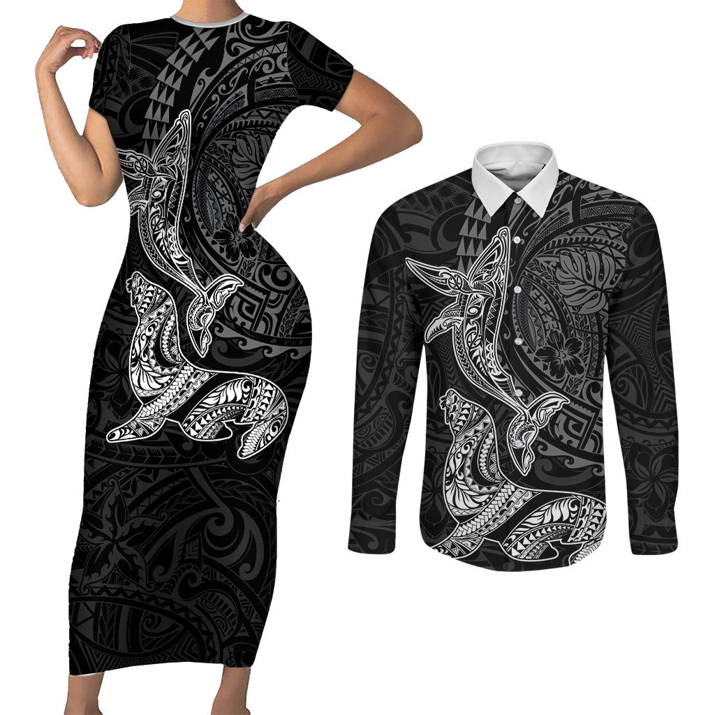 Hawaiian Monk Seal and Whale Couples Matching Short Sleeve Bodycon Dress and Long Sleeve Button Shirt Kakau Tribal Pattern Grayscale