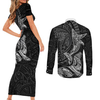 Hawaiian Monk Seal and Whale Couples Matching Short Sleeve Bodycon Dress and Long Sleeve Button Shirt Kakau Tribal Pattern Grayscale LT03 - Polynesian Pride
