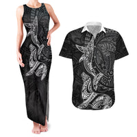 Hawaiian Monk Seal and Whale Couples Matching Tank Maxi Dress and Hawaiian Shirt Kakau Tribal Pattern Grayscale LT03 Black - Polynesian Pride
