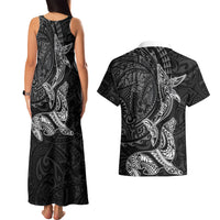 Hawaiian Monk Seal and Whale Couples Matching Tank Maxi Dress and Hawaiian Shirt Kakau Tribal Pattern Grayscale LT03 - Polynesian Pride