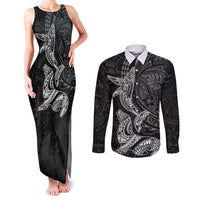 Hawaiian Monk Seal and Whale Couples Matching Tank Maxi Dress and Long Sleeve Button Shirt Kakau Tribal Pattern Grayscale LT03 Black - Polynesian Pride
