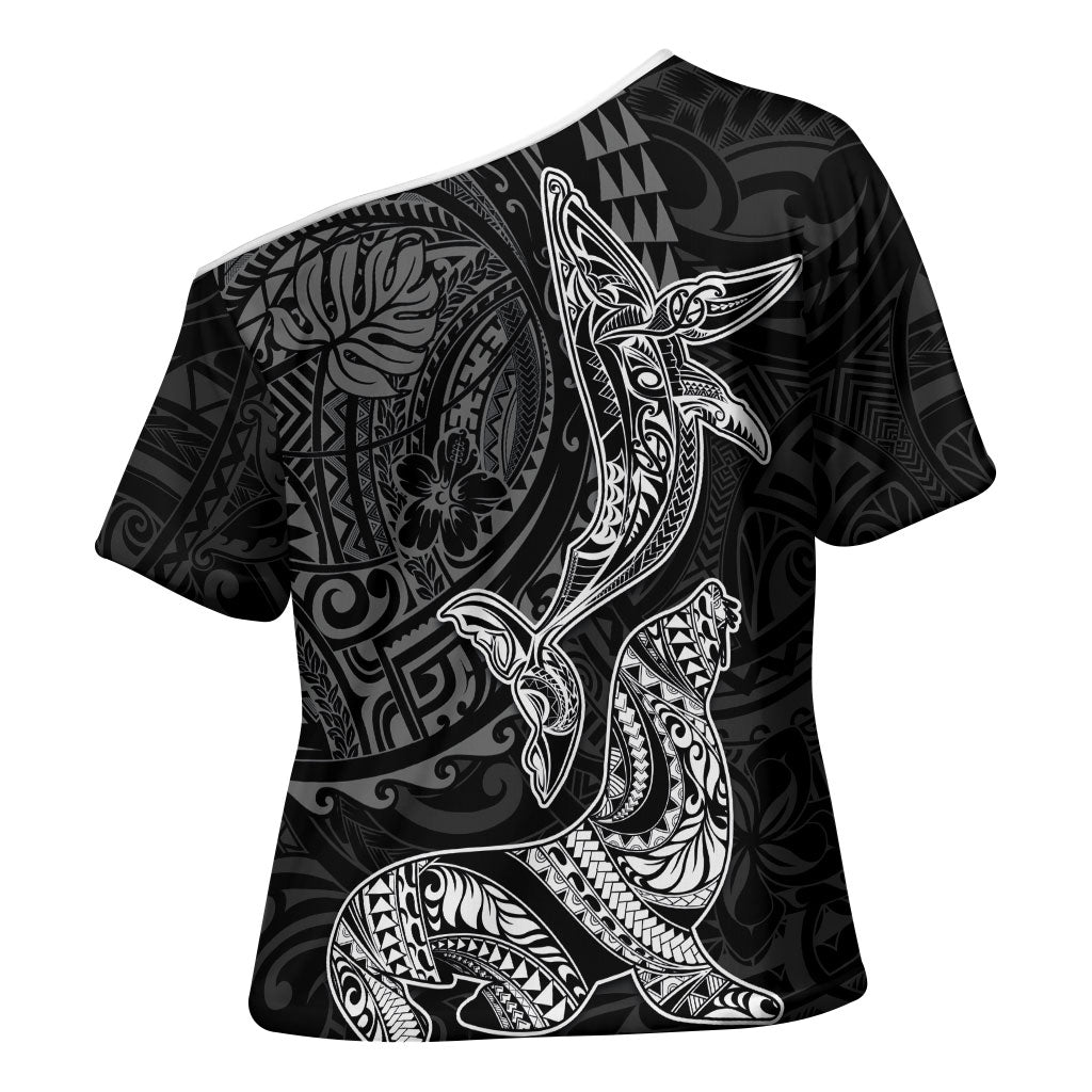 Hawaiian Monk Seal and Whale Cross Shoulder Shirt Kakau Tribal Pattern Grayscale