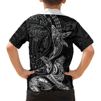 Hawaiian Monk Seal and Whale Family Matching Long Sleeve Bodycon Dress and Hawaiian Shirt Kakau Tribal Pattern Grayscale LT03 - Polynesian Pride