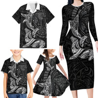 Hawaiian Monk Seal and Whale Family Matching Long Sleeve Bodycon Dress and Hawaiian Shirt Kakau Tribal Pattern Grayscale LT03 - Polynesian Pride