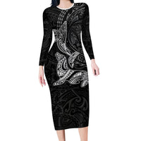 Hawaiian Monk Seal and Whale Family Matching Long Sleeve Bodycon Dress and Hawaiian Shirt Kakau Tribal Pattern Grayscale LT03 Mom's Dress Black - Polynesian Pride