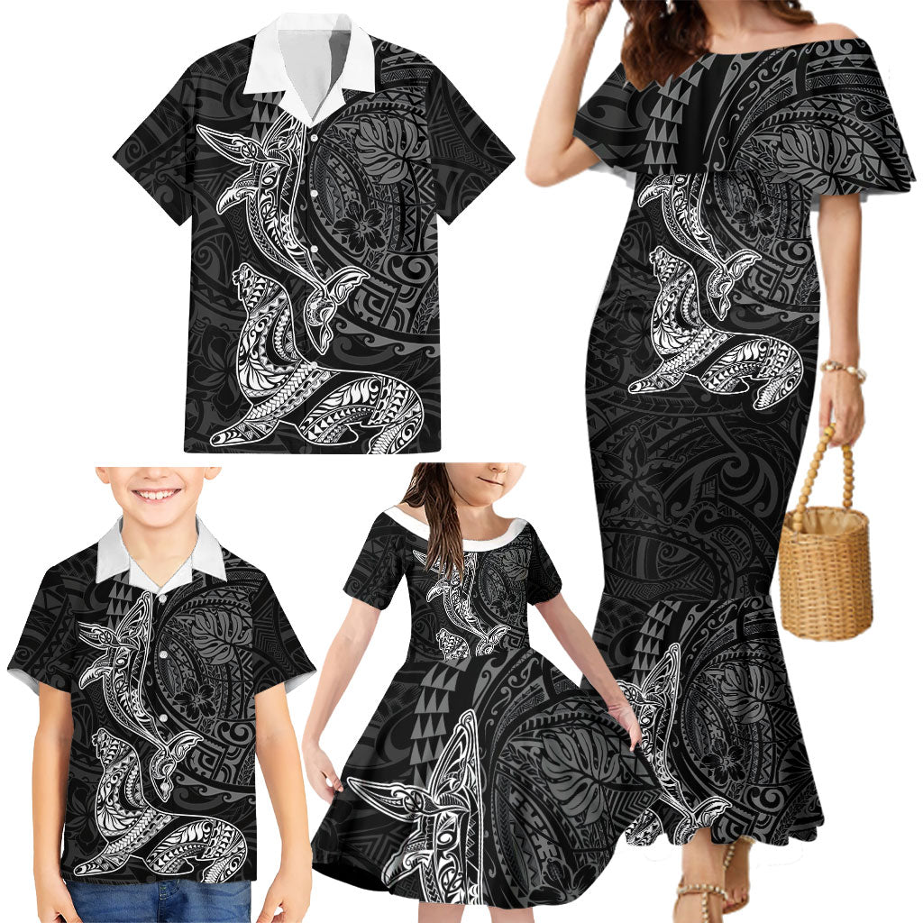 Hawaiian Monk Seal and Whale Family Matching Mermaid Dress and Hawaiian Shirt Kakau Tribal Pattern Grayscale