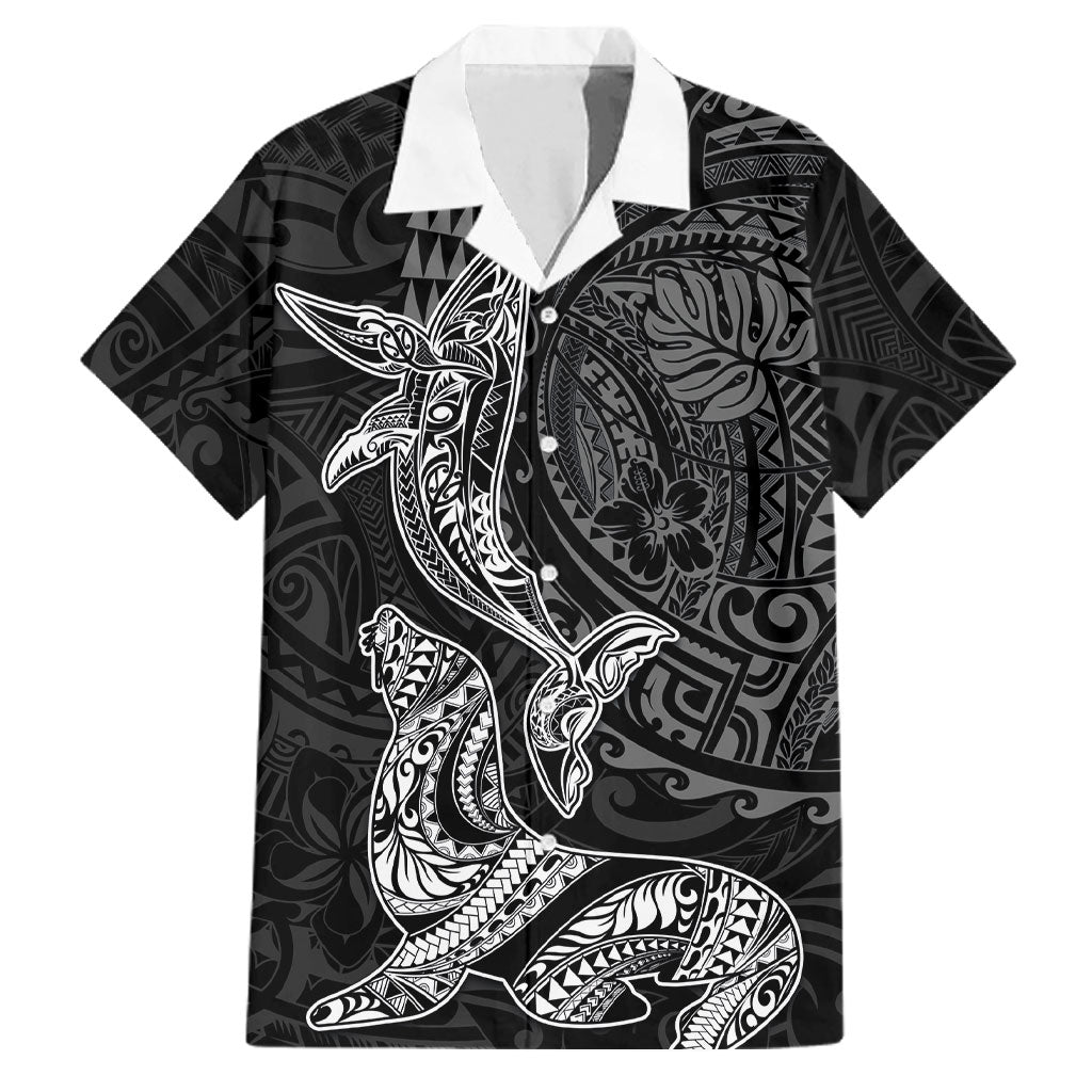 Hawaiian Monk Seal and Whale Family Matching Mermaid Dress and Hawaiian Shirt Kakau Tribal Pattern Grayscale LT03 Dad's Shirt - Short Sleeve Black - Polynesian Pride