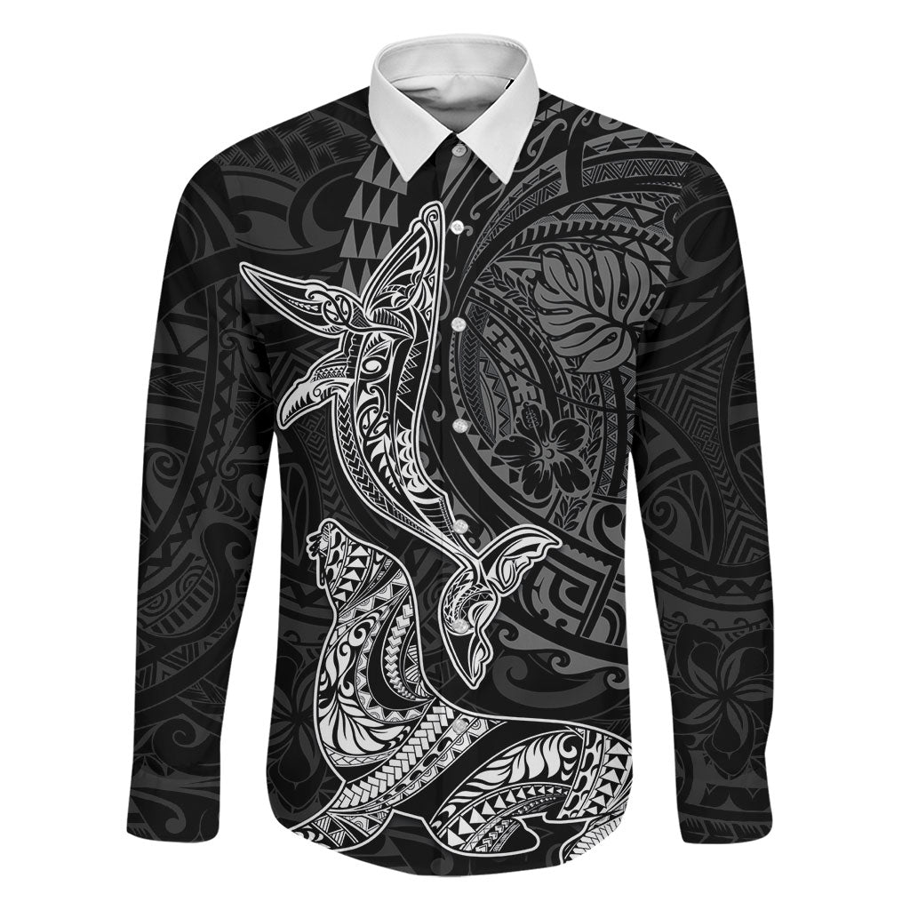 Hawaiian Monk Seal and Whale Family Matching Off The Shoulder Long Sleeve Dress and Hawaiian Shirt Kakau Tribal Pattern Grayscale LT03 Dad's Shirt - Long Sleeve Black - Polynesian Pride
