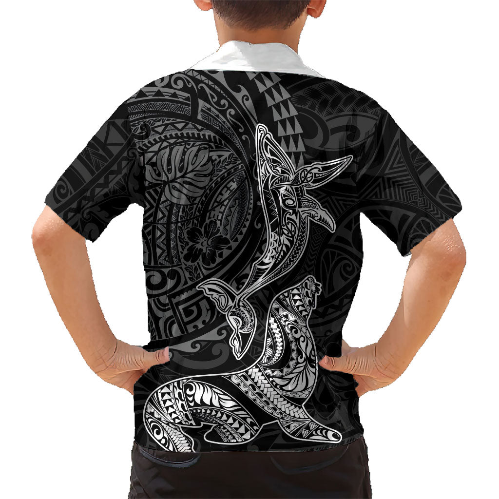 Hawaiian Monk Seal and Whale Family Matching Off Shoulder Maxi Dress and Hawaiian Shirt Kakau Tribal Pattern Grayscale LT03 - Polynesian Pride
