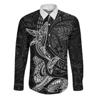 Hawaiian Monk Seal and Whale Family Matching Off Shoulder Maxi Dress and Hawaiian Shirt Kakau Tribal Pattern Grayscale LT03 Dad's Shirt - Long Sleeve Black - Polynesian Pride
