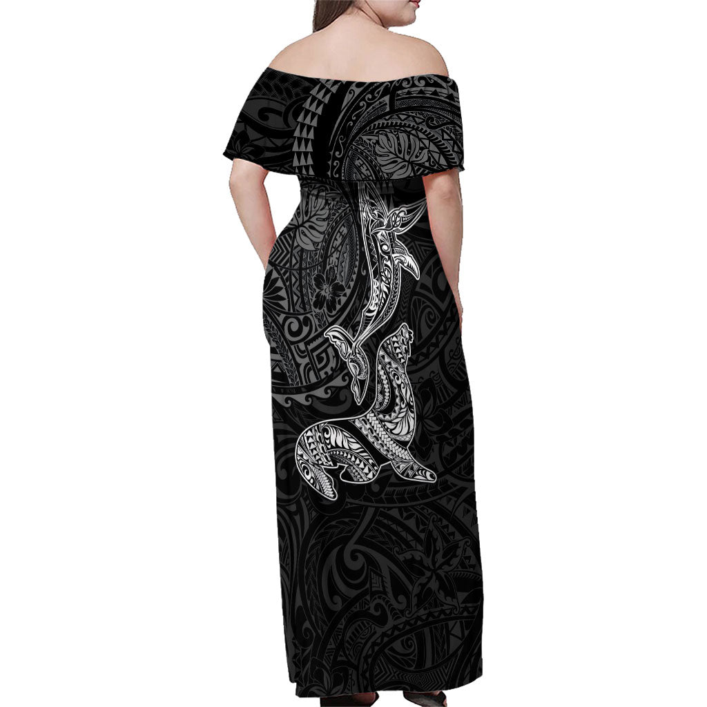 Hawaiian Monk Seal and Whale Family Matching Off Shoulder Maxi Dress and Hawaiian Shirt Kakau Tribal Pattern Grayscale LT03 - Polynesian Pride