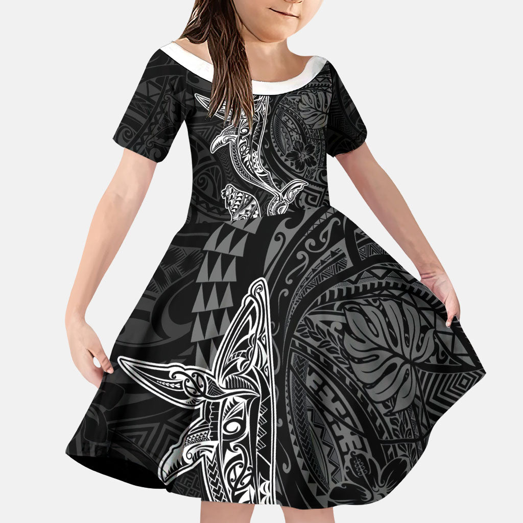 Hawaiian Monk Seal and Whale Family Matching Off Shoulder Short Dress and Hawaiian Shirt Kakau Tribal Pattern Grayscale LT03 Daughter's Dress Black - Polynesian Pride