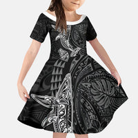 Hawaiian Monk Seal and Whale Family Matching Off Shoulder Short Dress and Hawaiian Shirt Kakau Tribal Pattern Grayscale LT03 Daughter's Dress Black - Polynesian Pride