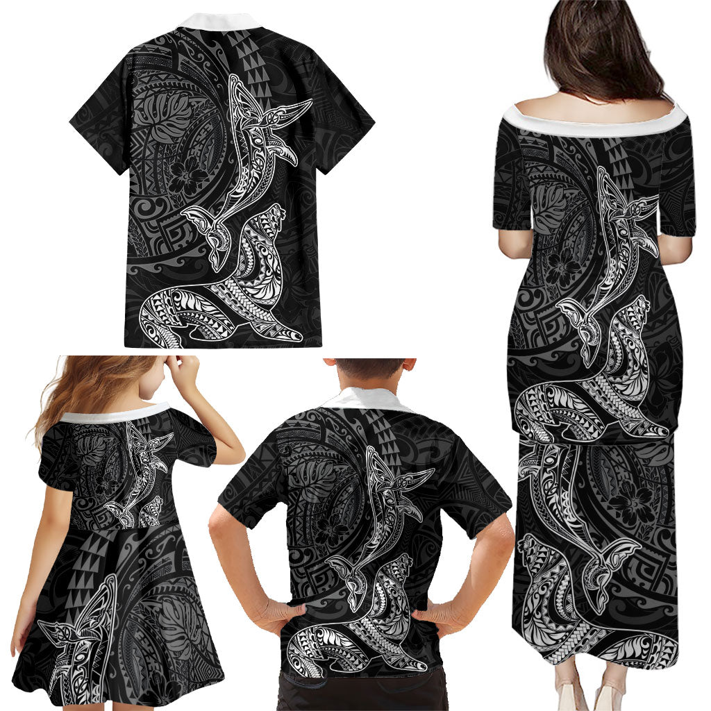 Hawaiian Monk Seal and Whale Family Matching Puletasi and Hawaiian Shirt Kakau Tribal Pattern Grayscale LT03 - Polynesian Pride