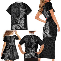 Hawaiian Monk Seal and Whale Family Matching Short Sleeve Bodycon Dress and Hawaiian Shirt Kakau Tribal Pattern Grayscale LT03 - Polynesian Pride