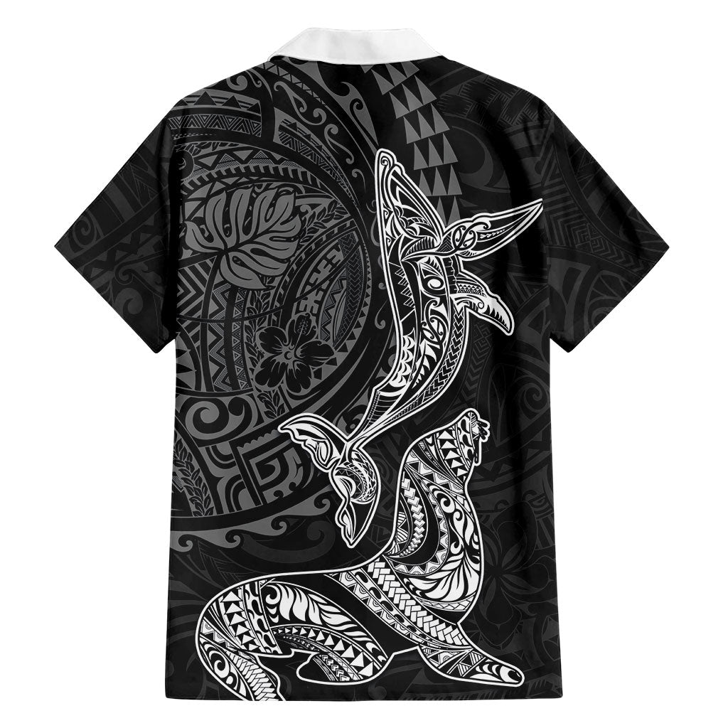 Hawaiian Monk Seal and Whale Family Matching Short Sleeve Bodycon Dress and Hawaiian Shirt Kakau Tribal Pattern Grayscale LT03 - Polynesian Pride