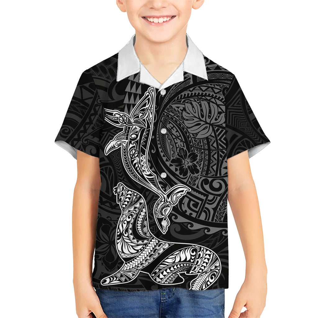 Hawaiian Monk Seal and Whale Hawaiian Shirt Kakau Tribal Pattern Grayscale