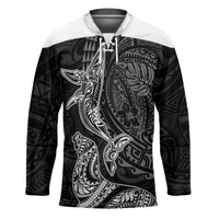 Hawaiian Monk Seal and Whale Hockey Jersey Kakau Tribal Pattern Grayscale