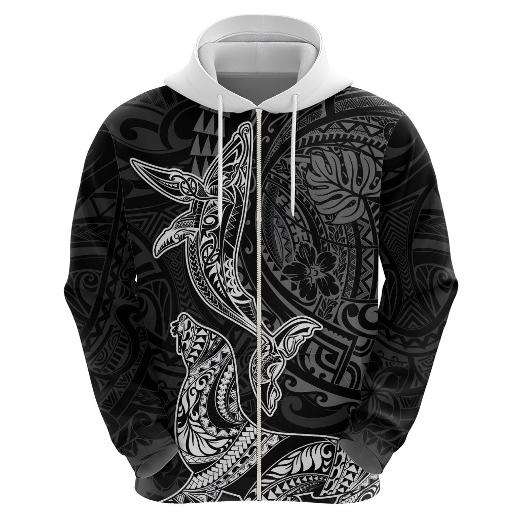 Hawaiian Monk Seal and Whale Hoodie Kakau Tribal Pattern Grayscale