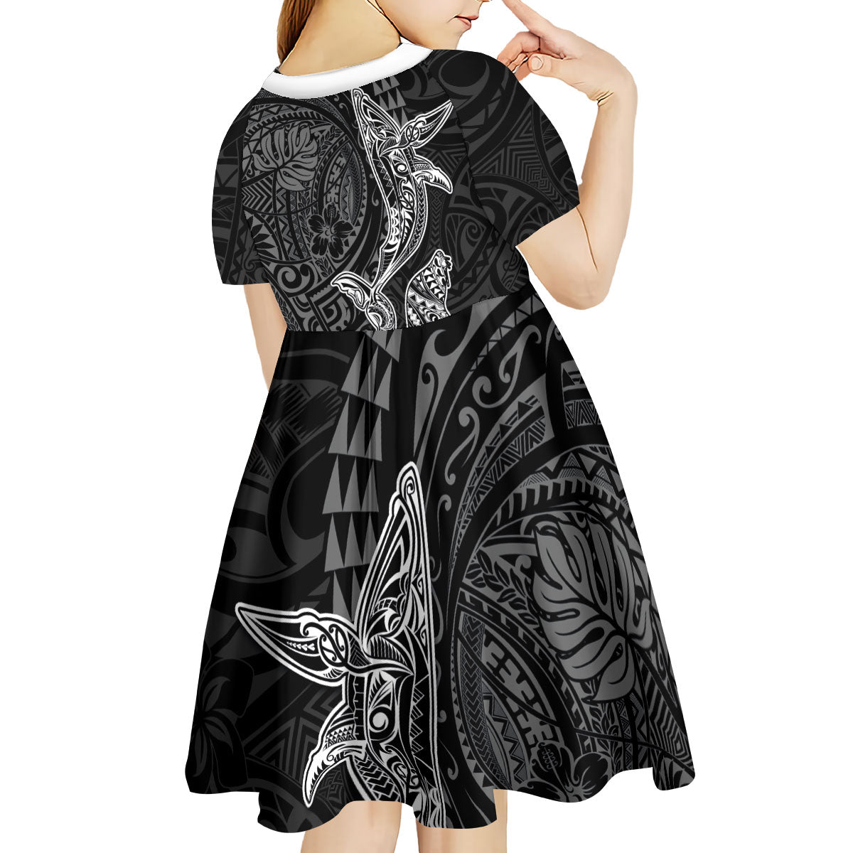 Hawaiian Monk Seal and Whale Kid Short Sleeve Dress Kakau Tribal Pattern Grayscale