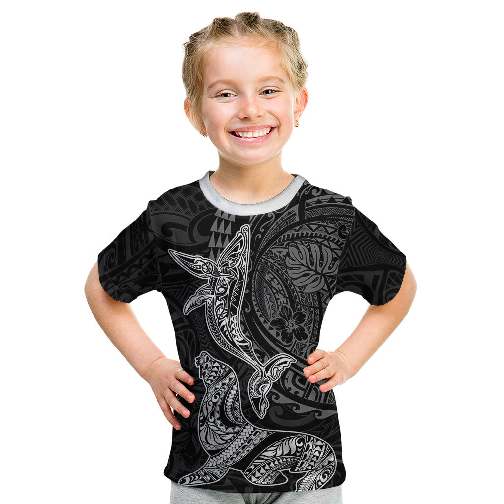 Hawaiian Monk Seal and Whale Kid T Shirt Kakau Tribal Pattern Grayscale