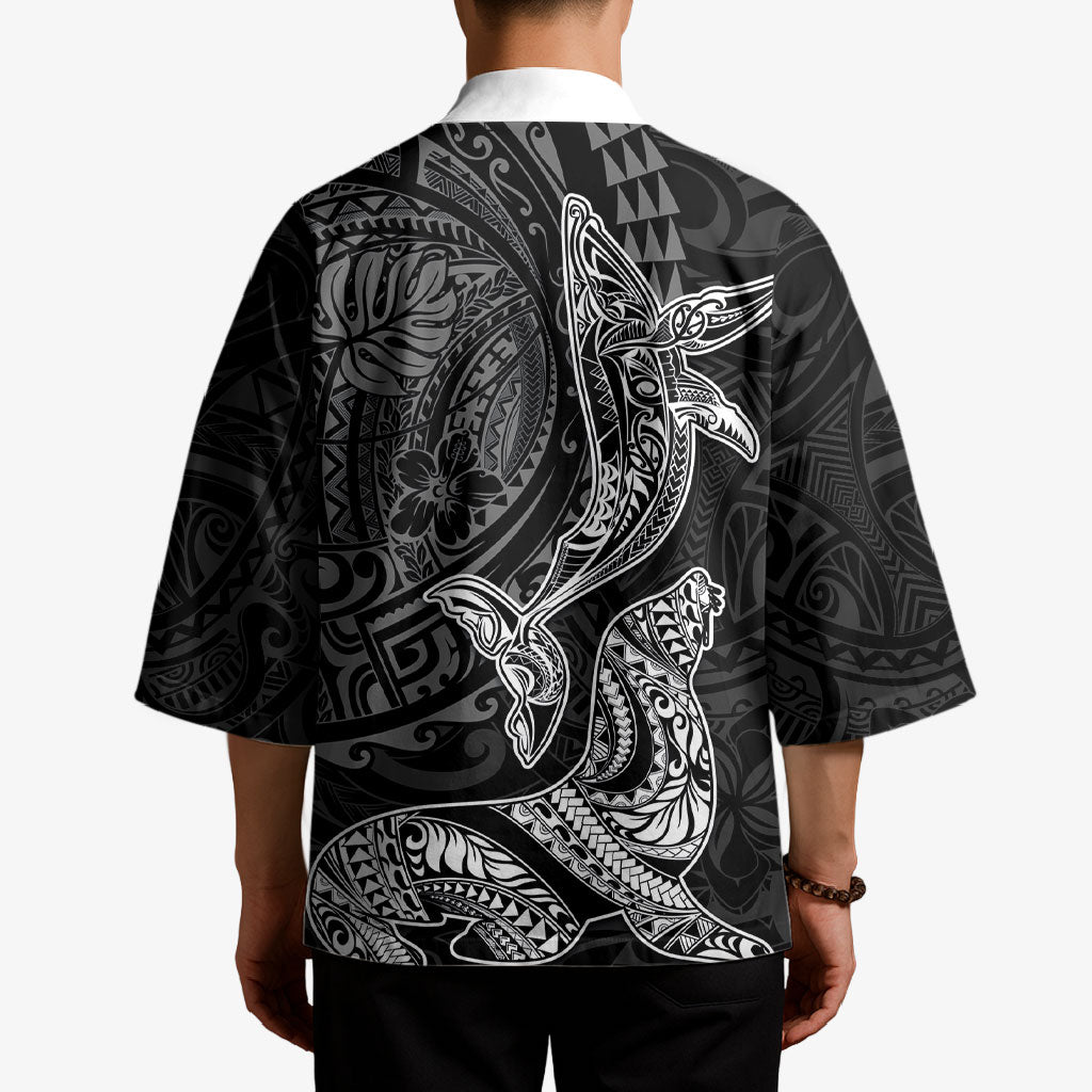 Hawaiian Monk Seal and Whale Kimono Kakau Tribal Pattern Grayscale