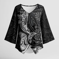 Hawaiian Monk Seal and Whale Kimono Sleeve Blouse Kakau Tribal Pattern Grayscale