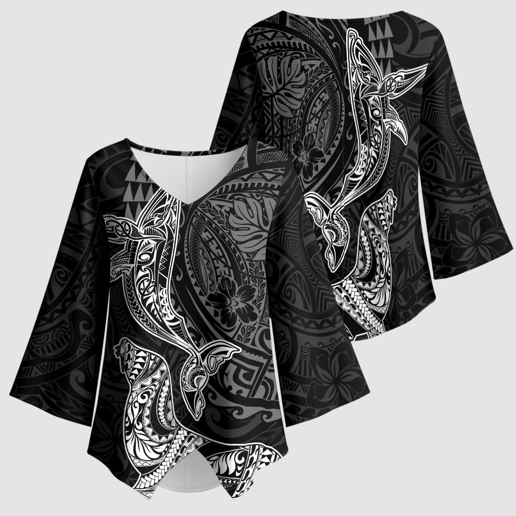 Hawaiian Monk Seal and Whale Kimono Sleeve Blouse Kakau Tribal Pattern Grayscale