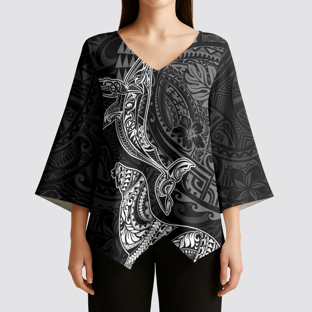 Hawaiian Monk Seal and Whale Kimono Sleeve Blouse Kakau Tribal Pattern Grayscale