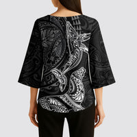 Hawaiian Monk Seal and Whale Kimono Sleeve Blouse Kakau Tribal Pattern Grayscale