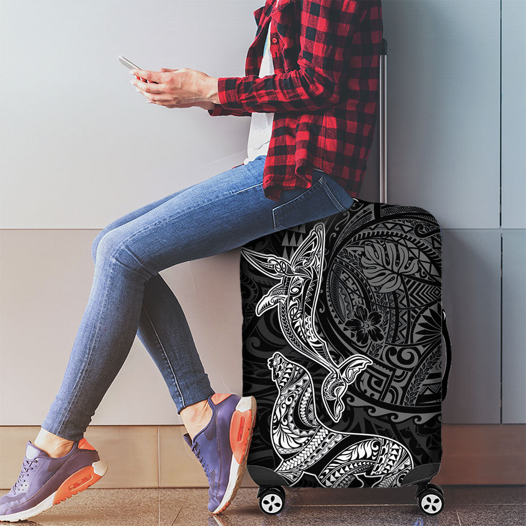 Hawaiian Monk Seal and Whale Luggage Cover Kakau Tribal Pattern Grayscale