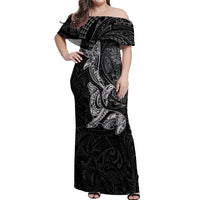 Hawaiian Monk Seal and Whale Off Shoulder Maxi Dress Kakau Tribal Pattern Grayscale