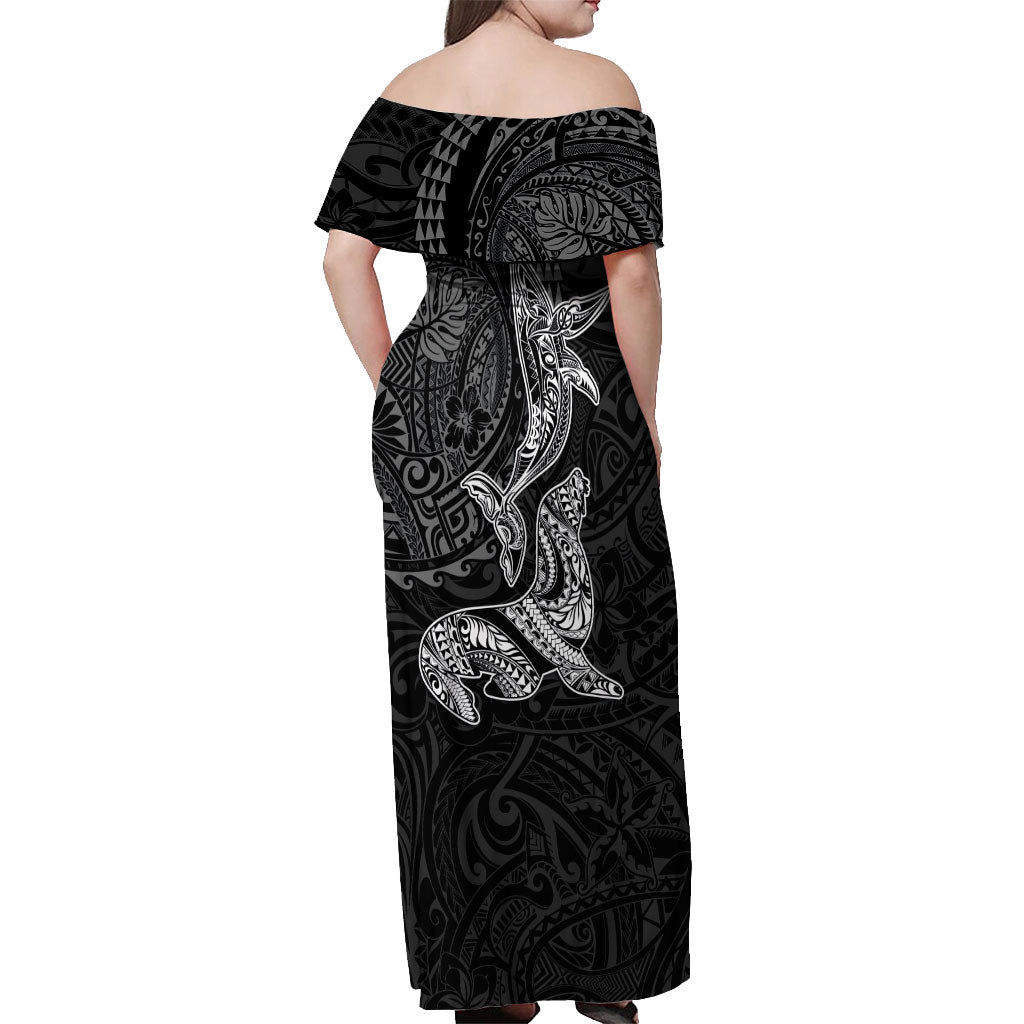 Hawaiian Monk Seal and Whale Off Shoulder Maxi Dress Kakau Tribal Pattern Grayscale