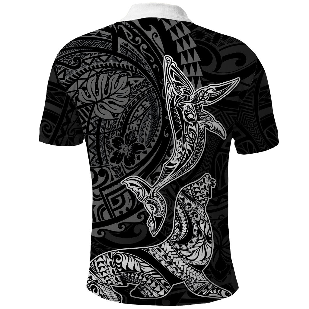 Hawaiian Monk Seal and Whale Polo Shirt Kakau Tribal Pattern Grayscale
