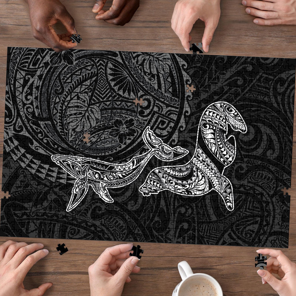 Hawaiian Monk Seal and Whale Puzzle Kakau Tribal Pattern Grayscale